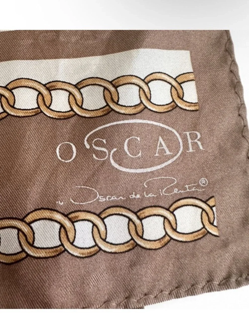 Oscar de la Renta Silk Chain Scarf Rectangle 54X11 Beige Brown Gold Designer